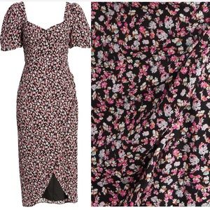 Floral Print Puff Sleeve Faux Wrap Midi Dress